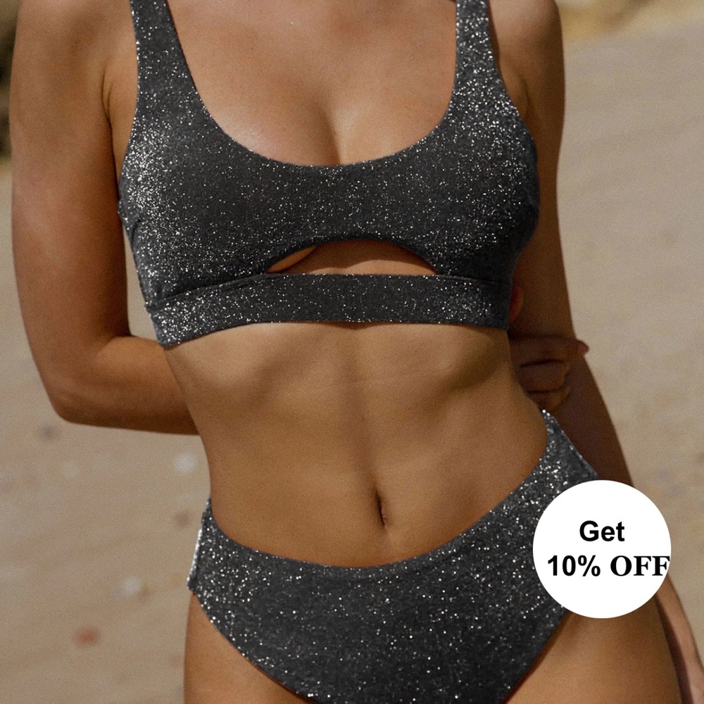 BERLOOK SilverLurex Cut Out Bikini Top Size XL and Bottom Size L